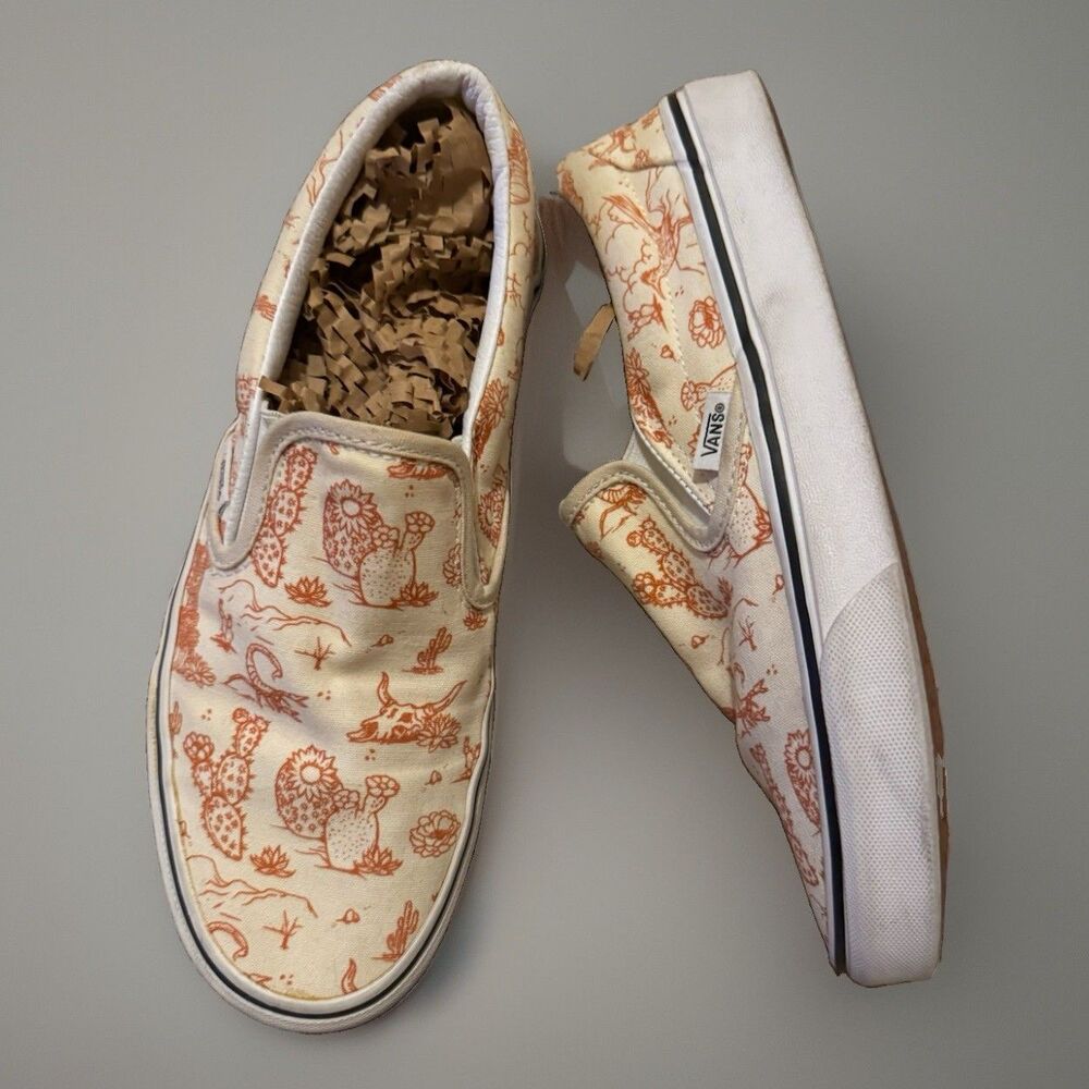EUC Vans Classic Slip On Desert Vibes Cactus Cow Skull Orange Cream M8 W9.5